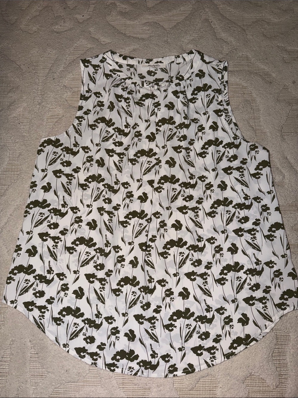 White Sleeveless Floral Camisole with Olive Green Print